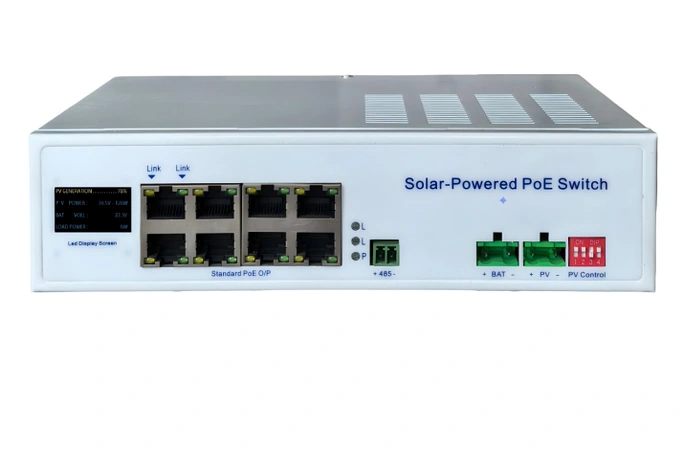 Solar PoE switch with Ethernet ports, solar input and RS485 communication interface